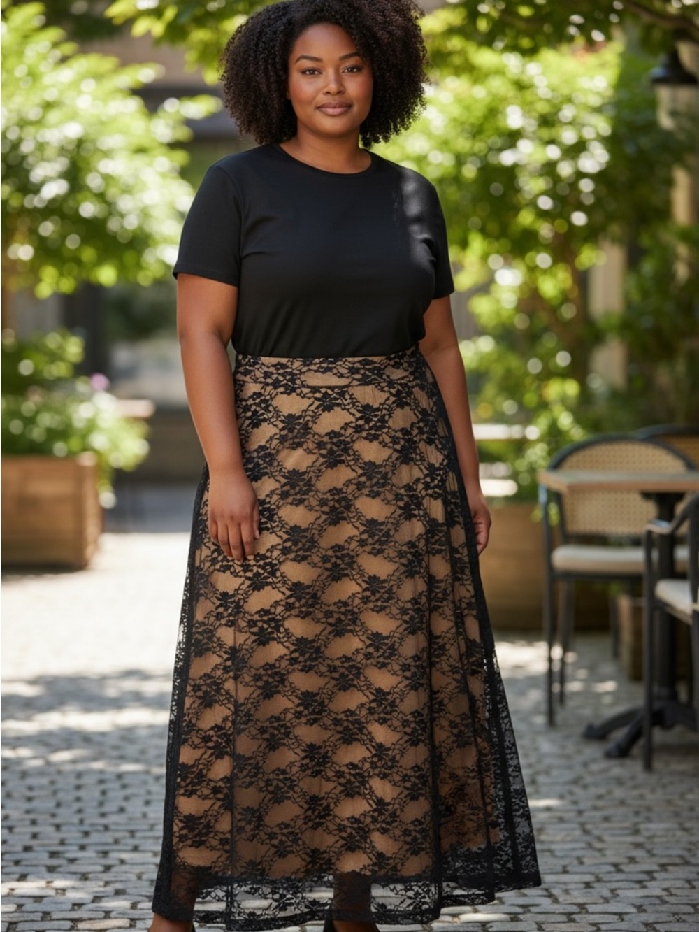 Karen Kane 1X Black Lace Midi Skirt Nude Lined Plus Size Elegant NWT